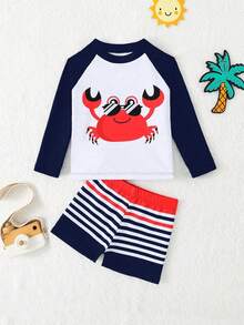 SHEIN 2pcs/Set Baby Boy Swimwear, Cute Cartoon Shark Print Colorblock Long Sleeve Knit Rash Guard And Swim Trunks, Swimsuit Set - Multicolor - View 3