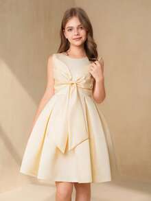 女童公主裙，优雅露背礼服，儿童生日派对礼服，花童婚礼礼服，蝴蝶结礼服 - 香檳色 - 查看 4