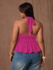 Rustia Plus Size Women Summer Casual Backless Halter Neck Top - Watermelon Pink - View 2