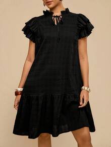 Travachic Vestido casual de talla grande con volantes en el bajo y unicolor - Negro - Ver 4