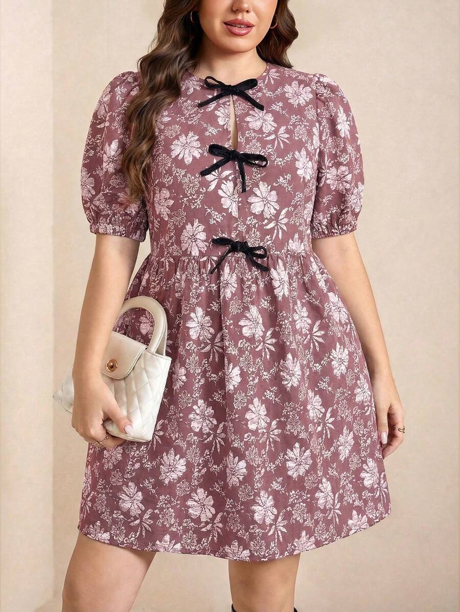 Comfylo Plus Size Women Floral Print Tie Front Ruffle Fashion Date Party Dress - Brown - View 1