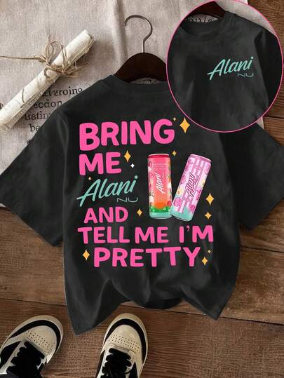 INAWLY Regalos para mujeres, camiseta de verano, camiseta con vibras de verano, camiseta estampada con café con "Tráeme un Alani y dime que soy bonita" | Cuello redondo, manga corta, doble cara, lavada, adecuada para vacaciones, salir, estar en casa, al aire libre, regalos