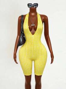 BamGleam 性感格子露背吊带紧身连体裤，夏季 - 黃色 - 查看 5
