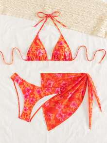 Swim Basics Bộ bikini 3 món in họa tiết hoa, đồ bơi đi biển cho kỳ nghỉ. - trái cam - Xem 3