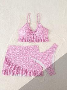 Swim Mod Set Bikini Seksi Motif Bunga Musim Panas untuk Wanita dengan Penutup dan Rok - Berwarna merah muda - View 3