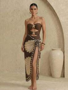 Swim Oasis 女士性感镂空拼接彩色海洋金属装饰连体泳衣，搭配渐变色网纱裙沙滩套装，春夏款 - 咖啡棕 - 查看 6