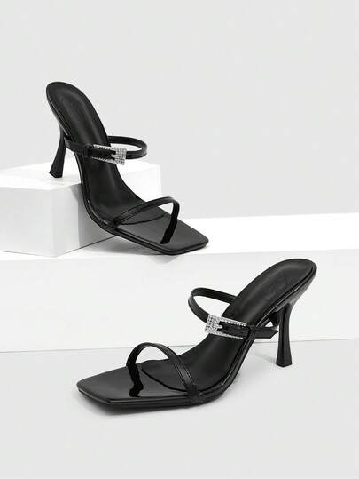 CUCCOO SZL Women Shoes Spring And Summer New Black Square Toe Thin High Heel Rhinestone Buckle Thin Strip Women's High Heel Sandals Slippers Fashionable And Comfortable Versatile Commuter Sexy Party Women's Sandals Women's Shoes
