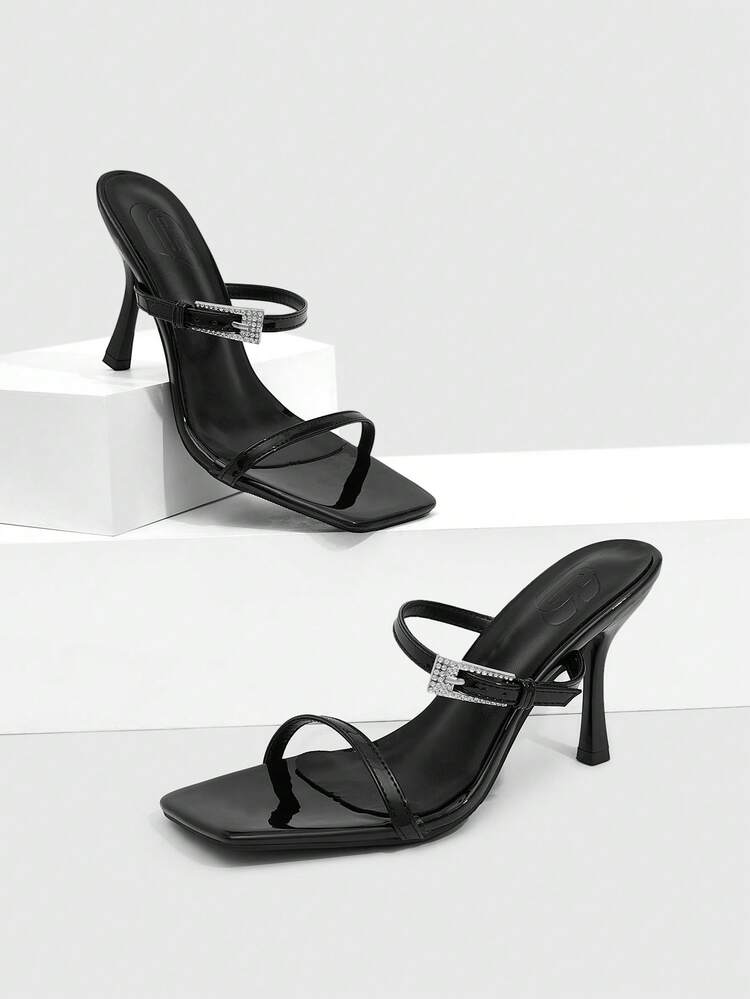 CUCCOO SZL Women Shoes Spring And Summer New Black Square Toe Thin High Heel Rhinestone Buckle Thin Strip Women's High Heel Sandals Slippers Fashionable And Comfortable Versatile Commuter Sexy Party Women's Sandals Women's Shoes Prom Heels