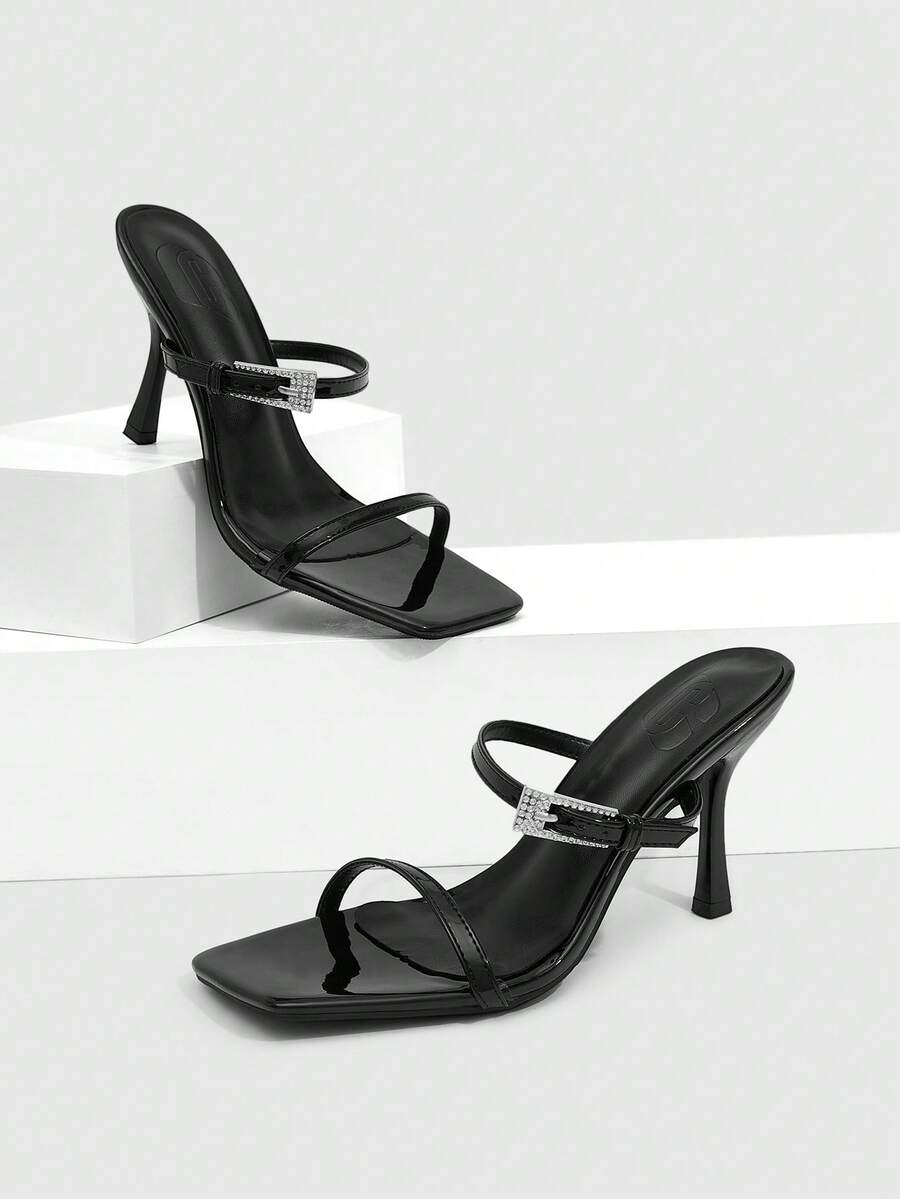 CUCCOO SZL 女士鞋履 春夏新款黑色方头细高跟水钻搭扣细带高跟凉鞋拖鞋 时尚舒适 百搭通勤性感派对女凉鞋 女鞋 - 黑色 - 查看 1