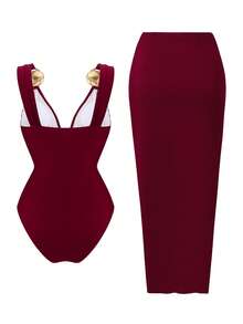 SHEIN Swim Oasis 女士棕色纯色连体泳衣+金色圆圈装饰长裙，优雅性感沙滩度假装 - 酒紅色 - 查看 2