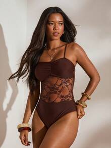 Women's Vacation Contrast Lace Ruffle Sexy One-Piece Swimsuit Summer Beach - Brown - View 6