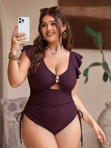 Swim Chiccia 1件大码女士黑色连体泳衣，性感度假泳装 - 中紫紅色 - 查看 5