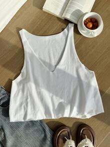SHEIN EZwear 大码女式休闲纯色深V领宽松背心 - 白色 - 查看 6
