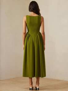 Aveloria Rosie French Retro Minimalist Generous Elegant Elegant Women's Daily Commute Off Shoulder Waist Cinching Pleated Flared Dress, Sleeveless - Army Green - View 6