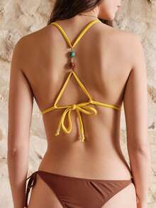 lacRébo Contrast-Tie Triangle Bikini With Back Pearl Detail Spring Summer Resort Outfit Two Piece Swimwear French Style Beachwear - Multicolor - View 1