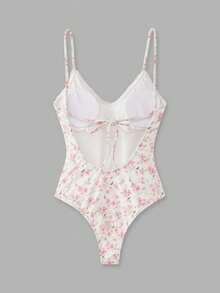 lacRébo Women's One-Piece Swimsuit,White Floral Vintage Pink Print Low Back Summer Elegant Pool Party Holiday Beachwear Resort Outfit French Parisian Style - White - View 7