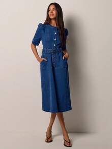 COSMINA Women's Spring/Summer Lightweight Blue Denim V-Neck Button-Front Mid-Length Waist-Cinched Straight Denim Dress - Blue - View 3