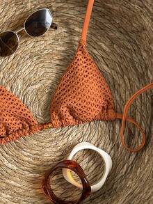 Swim Mod-D Women's Spring/Summer Jacquard Fabric Beaded Halter Bikini Top - Brown - View 2