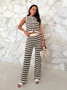 Firerie Women's Round Neck Contrast Trim Hollow Striped Sweater 2 Pieces Set, Spring/Summer - Apricot - View 4