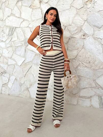 Firerie Women's Round Neck Contrast Trim Hollow Striped Sweater 2 Pieces Set, Spring/Summer