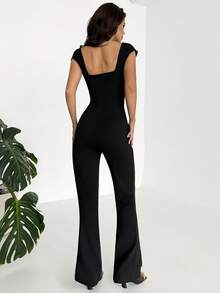 Firerie 女士优雅简约休闲连体裤，黑色V领无袖褶皱腰身修身直筒长款连体裤，适合日常穿着、户外活动、度假、海滩、通勤、教学等场合。 - 黑色 - 查看 2