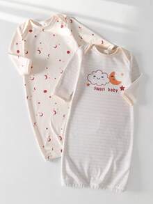 2pcs/Set Newborn Baby Pink Star, Moon, Cloud & Stripe Pattern Long Sleeve Pajamas - Beige - View 1