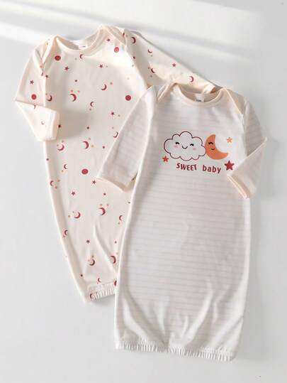 2pcs/Set Newborn Baby Pink Star, Moon, Cloud & Stripe Pattern Long Sleeve Pajamas