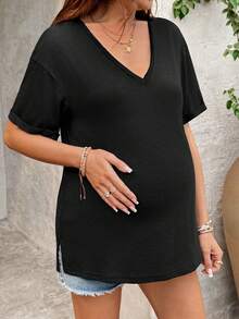 SHEIN 孕妇纯色V领短袖休闲百搭T恤 - 黑色 - 查看 6