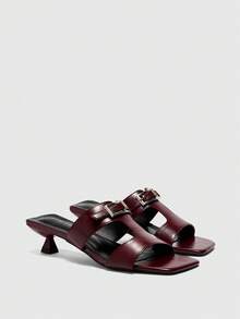 CUCCOO BIZCHIC 春夏新款户外女士黑色方头露趾高跟凉鞋，女士细高跟法式凉鞋，带裙摆和金属扣 - 酒紅色 - 查看 1