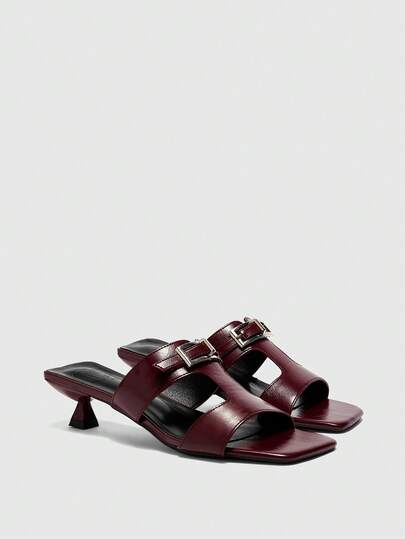 CUCCOO BIZCHIC 春夏新款户外女士黑色方头露趾高跟凉鞋，女士细高跟法式凉鞋，带裙摆和金属扣