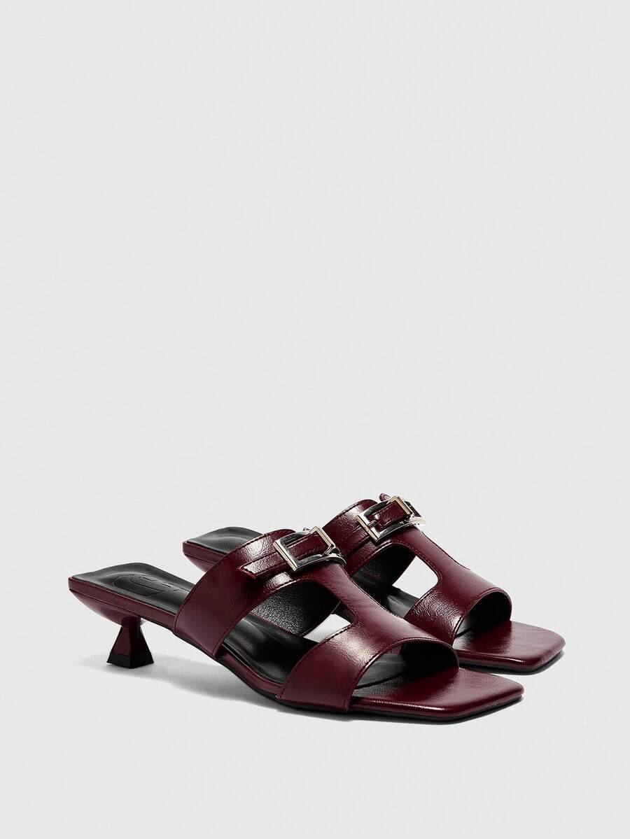 CUCCOO BIZCHIC 春夏新款户外女士黑色方头露趾高跟凉鞋，女士细高跟法式凉鞋，带裙摆和金属扣 - 酒紅色 - 查看 1