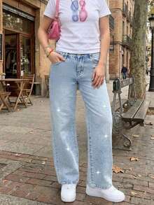 SHEIN ICON Quần jeans nữ dáng suông, rộng rãi, đa năng, có túi. - Màu xanh lam - Xem 3