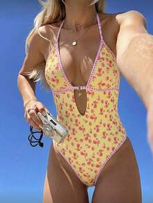 Swim Mod 2026 New Women's Summer Beach Vacation Plaid Floral Print Spaghetti Strap Hollow Back Sexy High Cut One-Piece Swimsuit - Multicolor - View 1