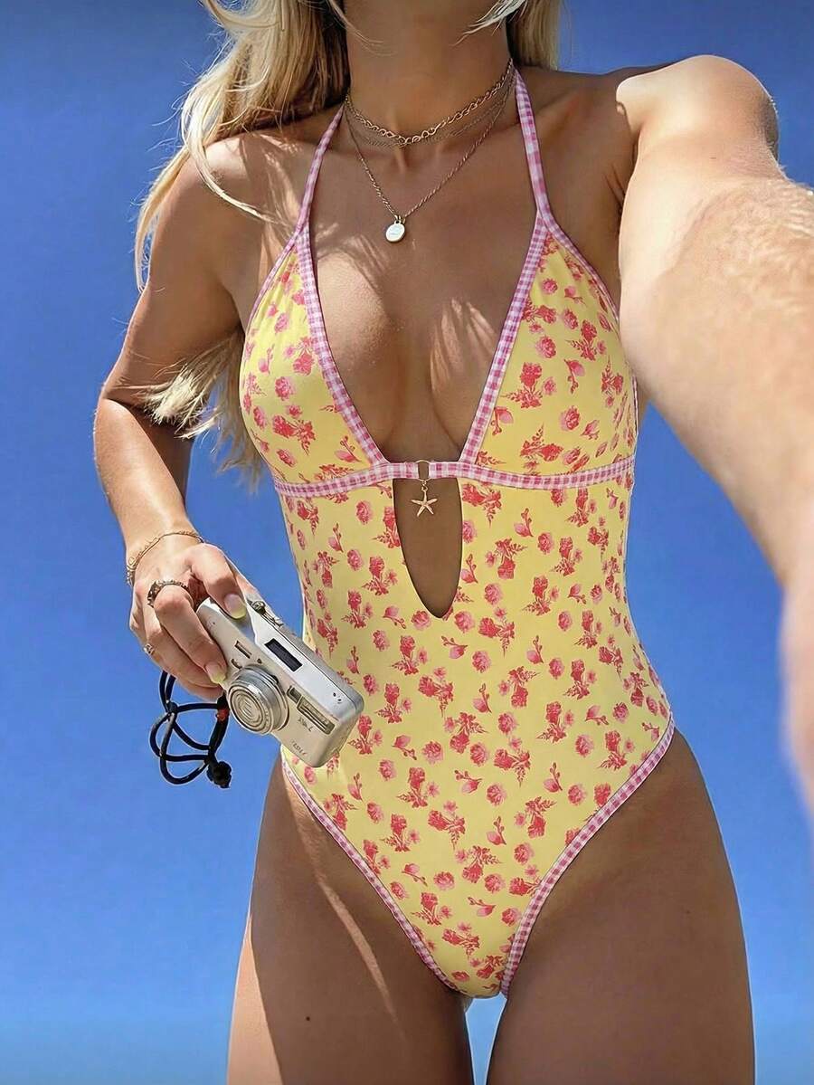 Swim Mod 2026 New Women's Summer Beach Vacation Plaid Floral Print Spaghetti Strap Hollow Back Sexy High Cut One-Piece Swimsuit - Multicolor - View 1