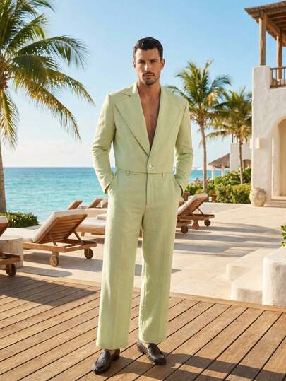 HIMLAND Conjunto de 2 piezas para hombre con chaqueta casual de manga corta de ajuste holgado y apertura frontal, y pantalones rectos de cintura elástica