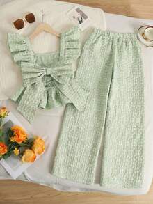 SHEIN 2pcs Tween Girls' Casual Patchwork Ruffle Hem Shirt And Pants Set Woven Texture Stylish Green Floral Girls Outfit Teen Jumpsuit Summer Sets - Mint Green - View 2