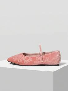 MOTF Sepatu flat wanita retro elegan berbahan beludru bordir dengan gesper yang dapat disesuaikan, cocok untuk Hari Valentine. - Berwarna merah muda - View 2