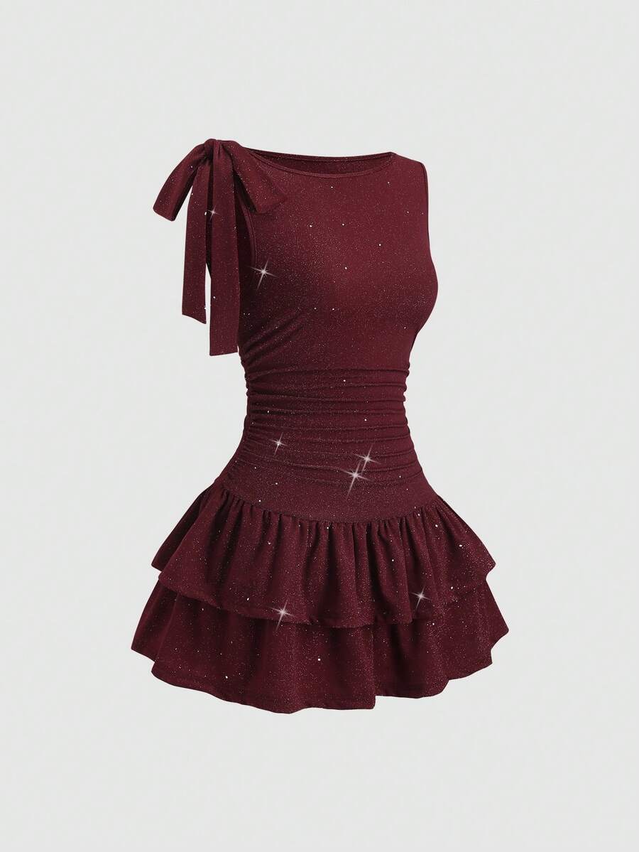 Sweetra Women's Elegant Commute & Party Mini Dress With Bowknot Tie, Cake Skirt, Shiny Black Fabric, Suitable For Spring - Burgundy - View 1
