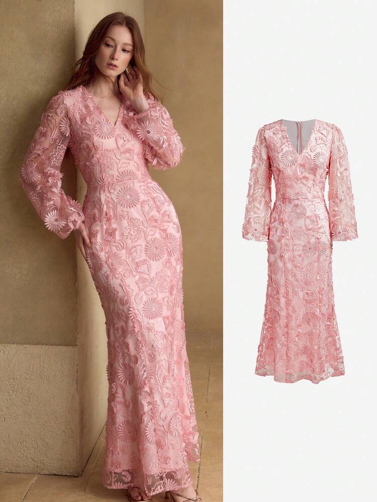 WOMEN'S ROMANTIC ELEGANT WATER-SOLUBLE EMBROIDERED V-NECK LANTERN SLEEVE MERMAID HEM DRESS, SPRING/SUMMER