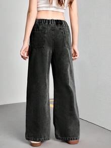 SHEIN 女童日常休閒街頭風純色深色水洗牛仔直筒牛仔褲，拉鍊細節，適合學校、夏季返校、秋季 - 黑色 - 查看 3