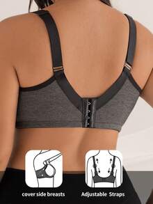 DesireSculpt 1pc Ribbed Fabric Full Coverage Wireless Lace Trim Patchwork Ladies Bra - Dark Grey - View 2