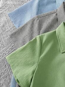 3件套青少年男童宽松休闲百搭立领贴布编织短袖衬衫套装，适合上学、聚会、派对和郊游等场合。 - 彩色 - 查看 3