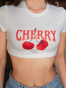 Bris Aura 休闲可爱樱桃度假图案圆领短袖短款修身女式 T 恤，适合夏季和度假 - 白色 - 查看 6