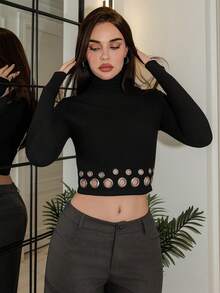 Bris Aura 2025 New Arrival Minimalist Fall-Winter Women's Slim-Fit Turtleneck Cropped Long Sleeve Top With Bold Metallic Eyelet Hem, Avant-Garde, Urban Cool Style, Statement Piece, Figure-Flattering, Party-Ready Eye-Catcher, Hot Girl, Cutting-Edge Design, Fashion-Forward, Black Top - Black - View 3