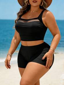 Swim Lushoire 大码女式两件套黑色网纱拼接吊带背心式泳衣上装和高腰短裤泳装，沙滩度假 - 黑色 - 查看 3