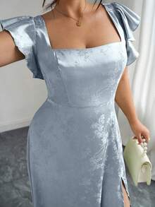 Elenzga Đầm dài tay bồng cổ vuông xẻ tà dành cho nữ cỡ lớn, chất liệu vải jacquard bóng màu xanh lá cây, đa năng cho đi làm, mặc hàng ngày, dự tiệc cưới, dạ hội, lễ tốt nghiệp, mua sắm, chụp ảnh, thoải mái và thời trang. - Màu xanh lam - Xem 7