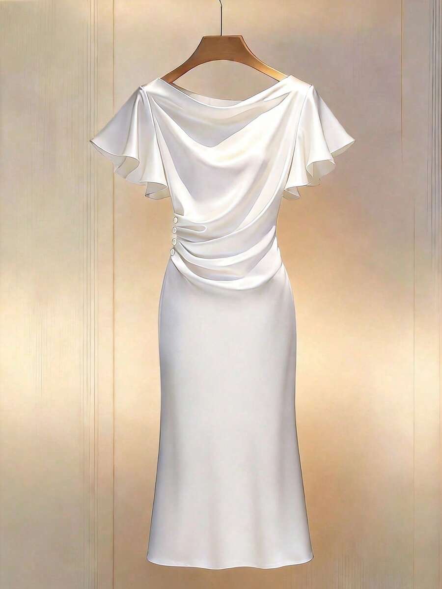 Franclia Elegant French Romantic Champagne Color Ruched Collar Pleated Waist Cap Sleeve Fishtail Hem New Dress For Women - White - View 1