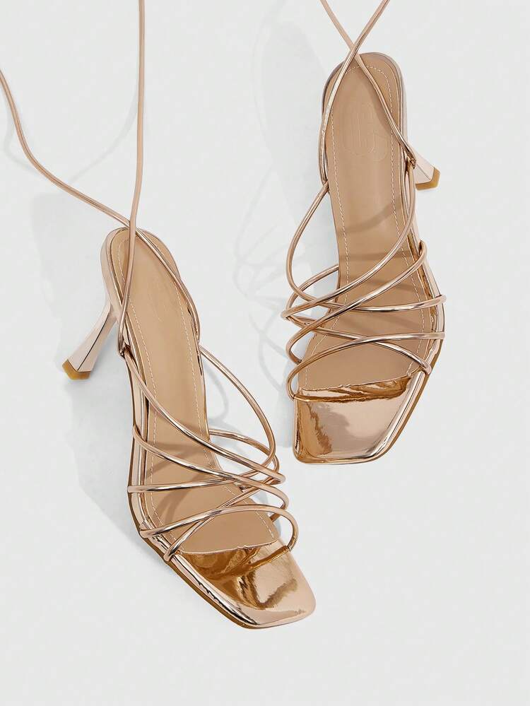 CUCCOO SZL Women's Champagne Color Square Toe Strappy High Heel Sandals, Sexy Fashion Party Dress Heels For Summer Prom Heels