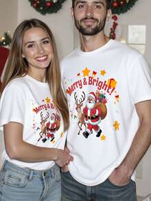 Manfinity Homme Men's White Summer Casual Family Matching T-Shirt,Christmas Joy Santa & Reindeer Print,Colorful Star Pattern,Round Neck Short Sleeve Holiday Tee - White - View 1