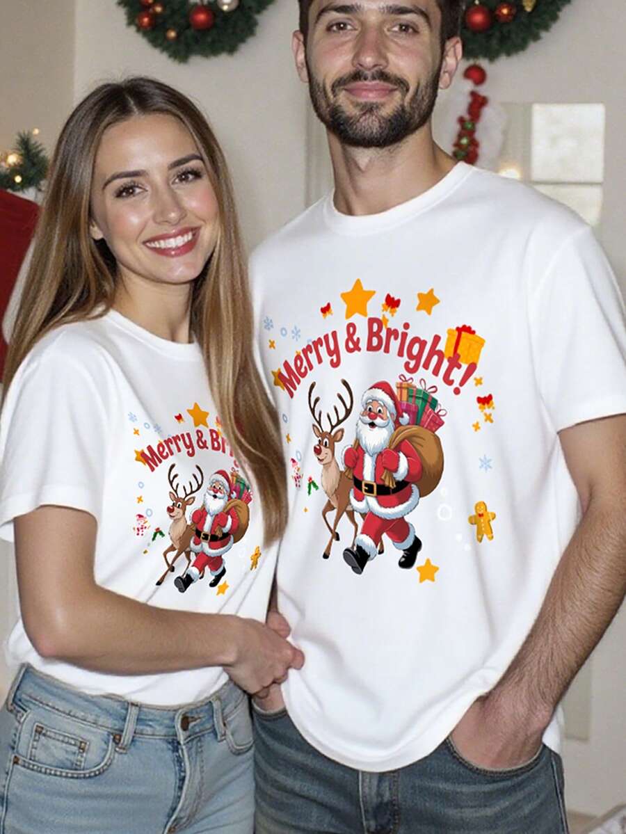 Manfinity Homme Men's White Summer Casual Family Matching T-Shirt,Christmas Joy Santa & Reindeer Print,Colorful Star Pattern,Round Neck Short Sleeve Holiday Tee - White - View 1